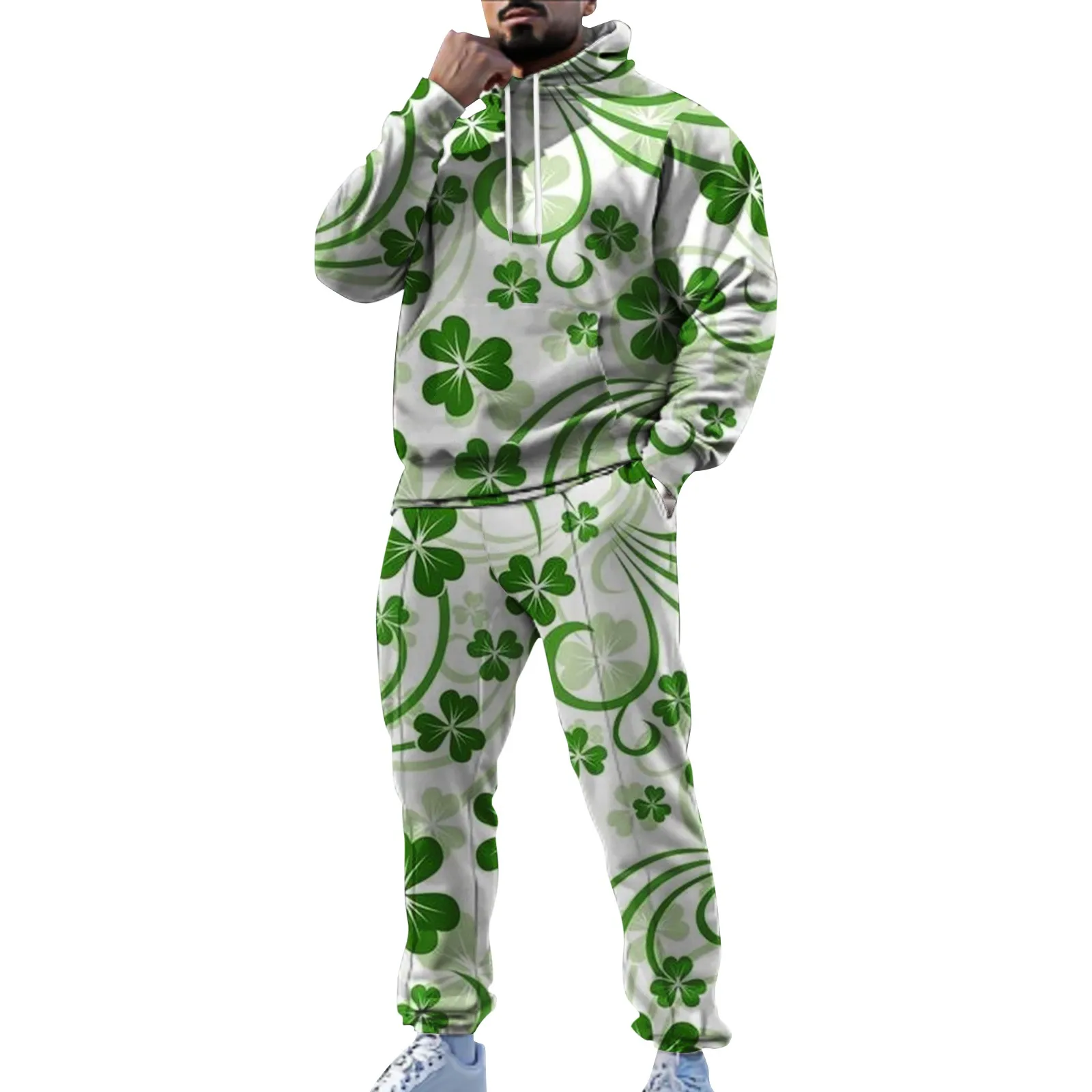 Men's 3D Clover Print Hoodie and Pants Set