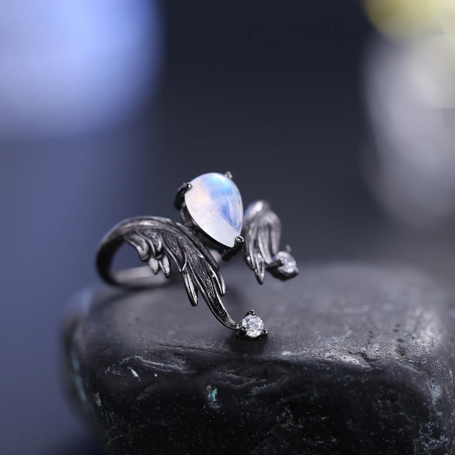 Milky Blue Moonstone Adjustable Angel Wing Ring