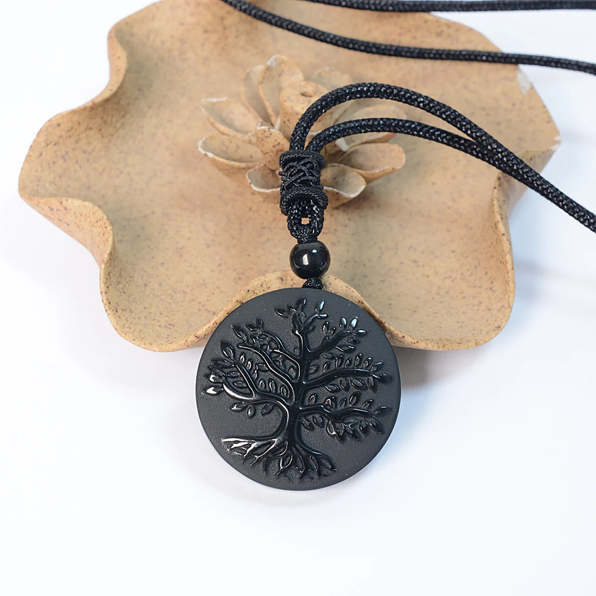 Natural Black Obsidian Tree of Life Necklace