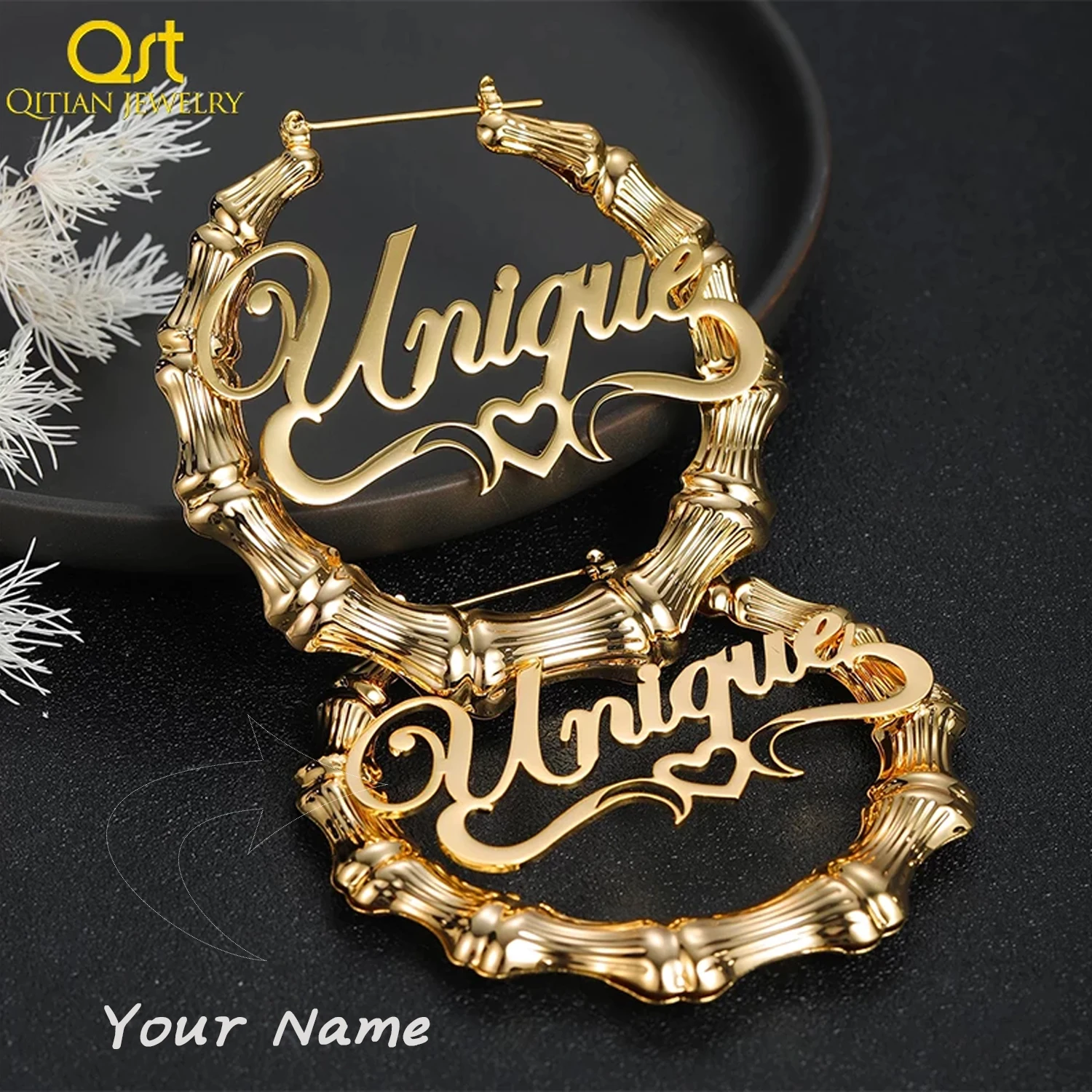 Custom Bamboo Hoop Earrings with Personalized Name
