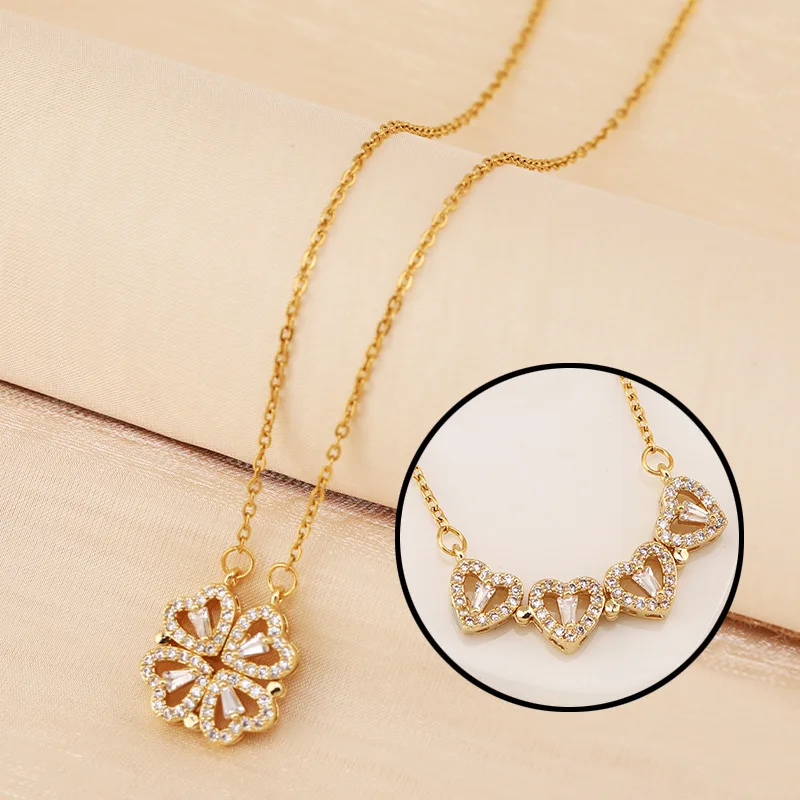 Dainty Gold Four Leaf Clover Heart Necklace