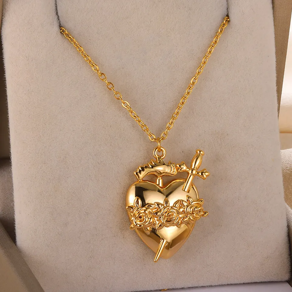Dainty Heart and Sword Pendant Necklace for Women