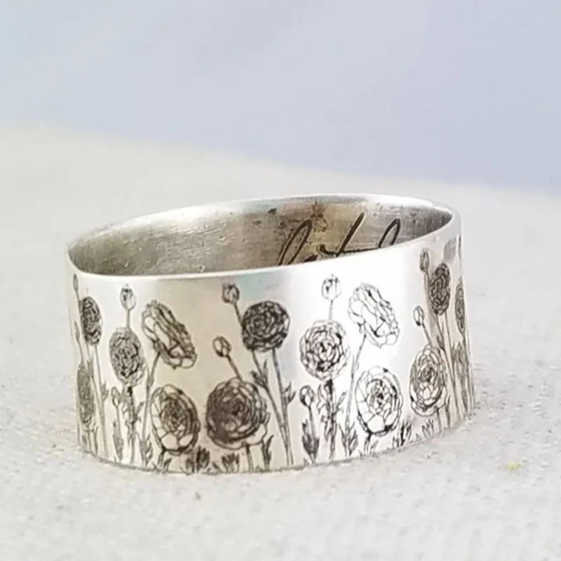Floral Silver Hand Carved Wide Ring